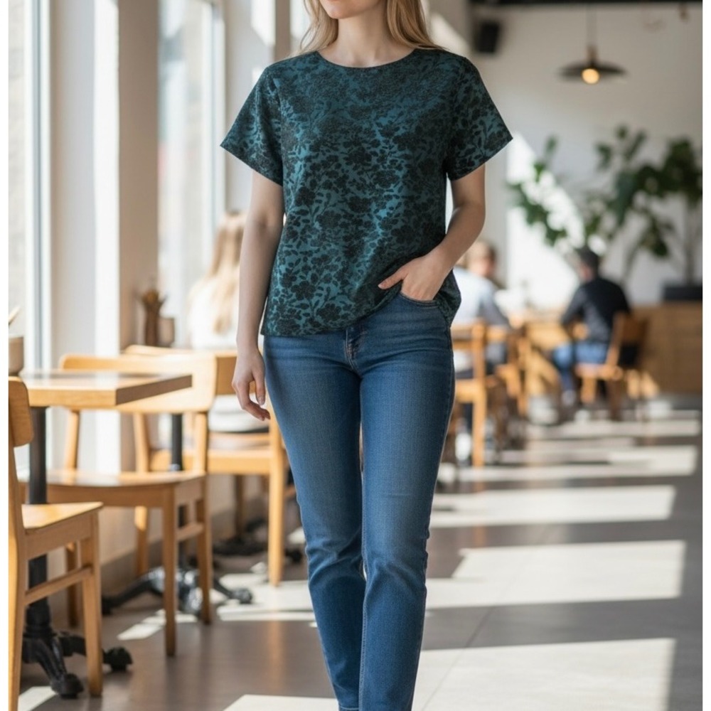 Floral Burnout Velvet Short Sleeve Top Dark Green Black Crew Neck Blouse Size M